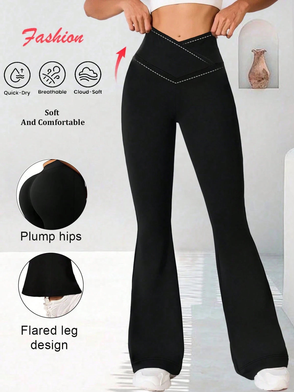 Women's Crossover Waist Flare Pants, Elastic Polyester Solid Color Sports Yoga Pants, Crossover Waist Personalized Casual Long Pants Black, Athleisure