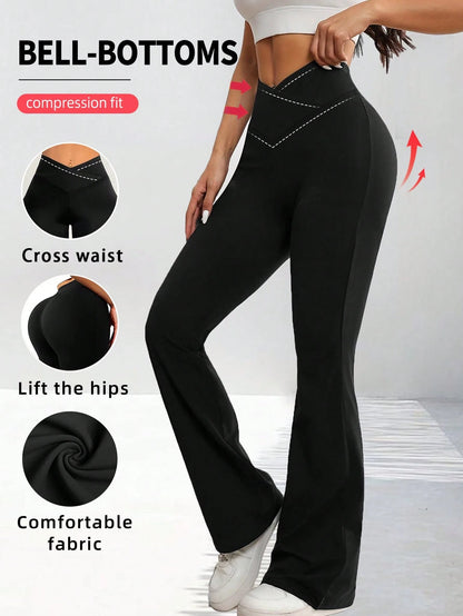 Women's Crossover Waist Flare Pants, Elastic Polyester Solid Color Sports Yoga Pants, Crossover Waist Personalized Casual Long Pants Black, Athleisure