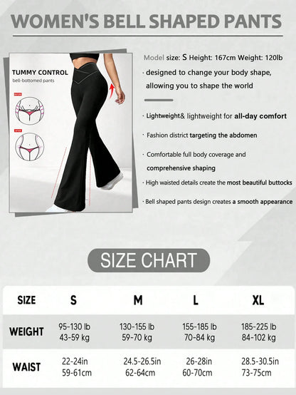 Women's Crossover Waist Flare Pants, Elastic Polyester Solid Color Sports Yoga Pants, Crossover Waist Personalized Casual Long Pants Black, Athleisure