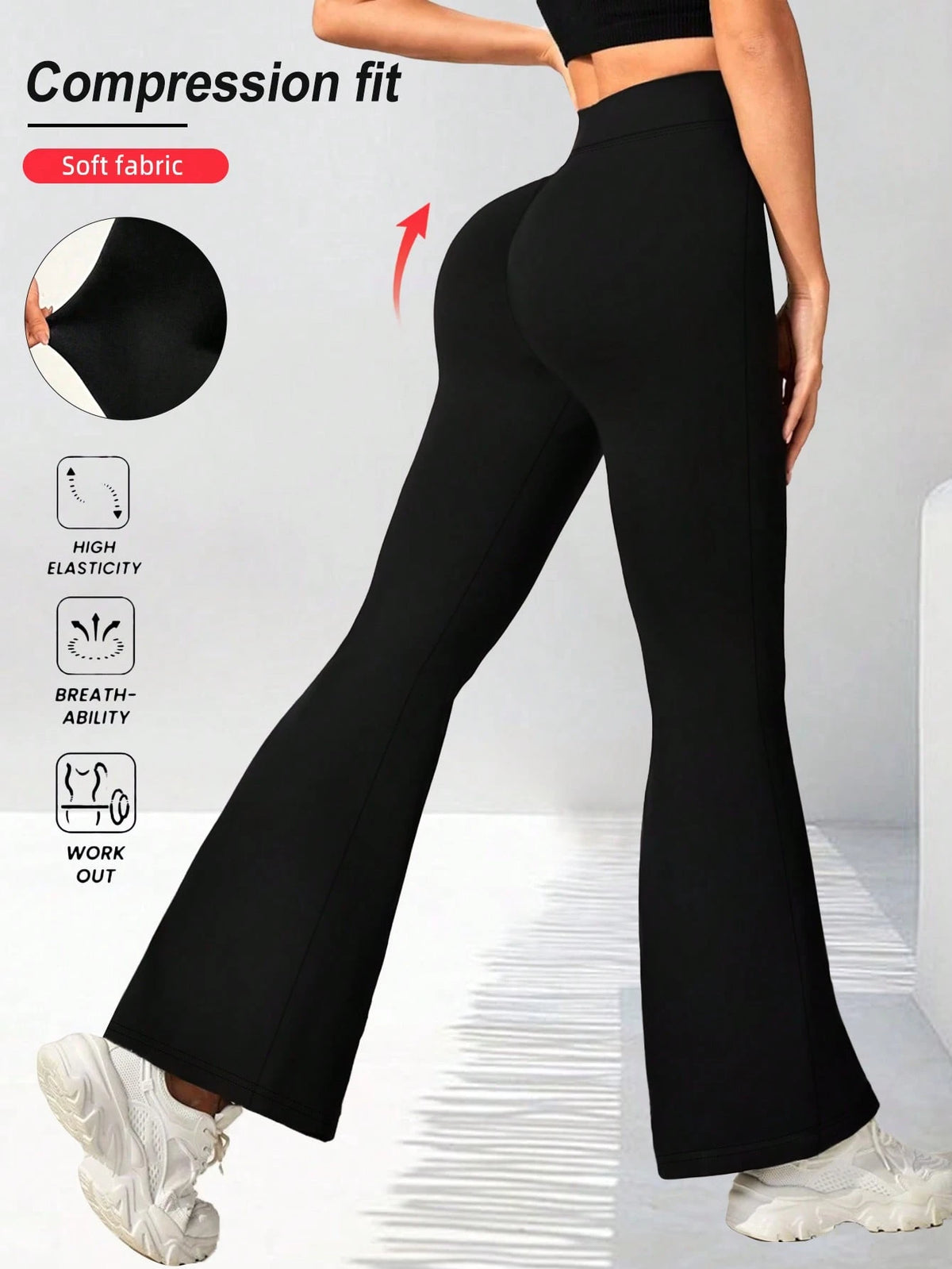 Women's Crossover Waist Flare Pants, Elastic Polyester Solid Color Sports Yoga Pants, Crossover Waist Personalized Casual Long Pants Black, Athleisure