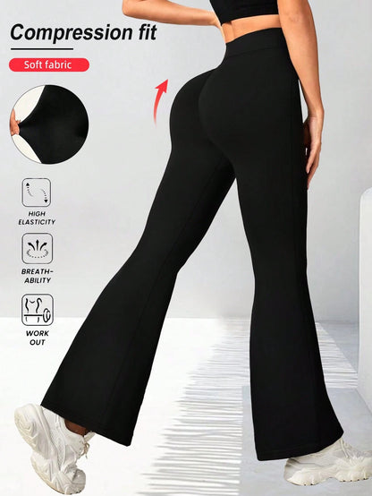 Women's Crossover Waist Flare Pants, Elastic Polyester Solid Color Sports Yoga Pants, Crossover Waist Personalized Casual Long Pants Black, Athleisure