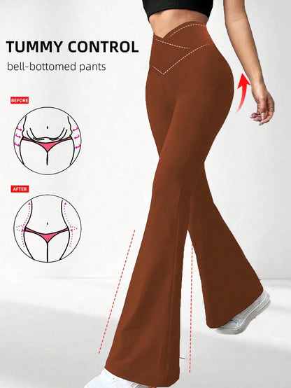 Women's Crossover Waist Flare Pants, Elastic Polyester Solid Color Sports Yoga Pants, Crossover Waist Personalized Casual Long Pants Black, Athleisure