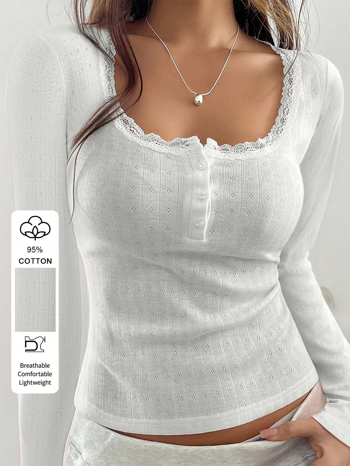 Women's Elegant White Ribbed Long Sleeve Henley Top,Cute Lace Trim Scoop Neck Fitted Tee,Everyday Casual Button-Down Summer Blouse,Soft Top