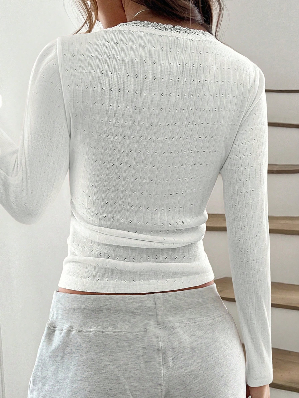 Women's Elegant White Ribbed Long Sleeve Henley Top,Cute Lace Trim Scoop Neck Fitted Tee,Everyday Casual Button-Down Summer Blouse,Soft Top
