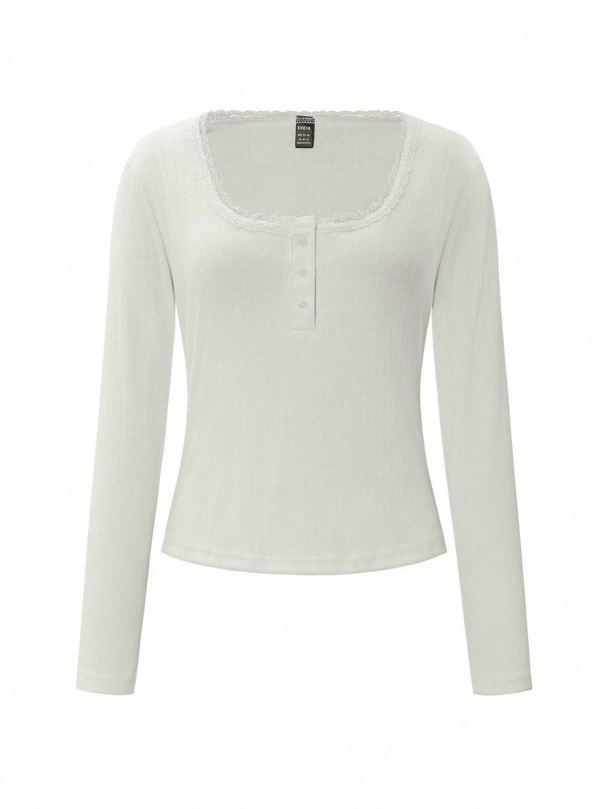 Women's Elegant White Ribbed Long Sleeve Henley Top,Cute Lace Trim Scoop Neck Fitted Tee,Everyday Casual Button-Down Summer Blouse,Soft Top