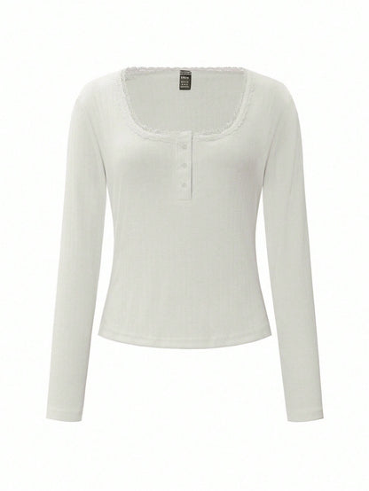 Women's Elegant White Ribbed Long Sleeve Henley Top,Cute Lace Trim Scoop Neck Fitted Tee,Everyday Casual Button-Down Summer Blouse,Soft Top