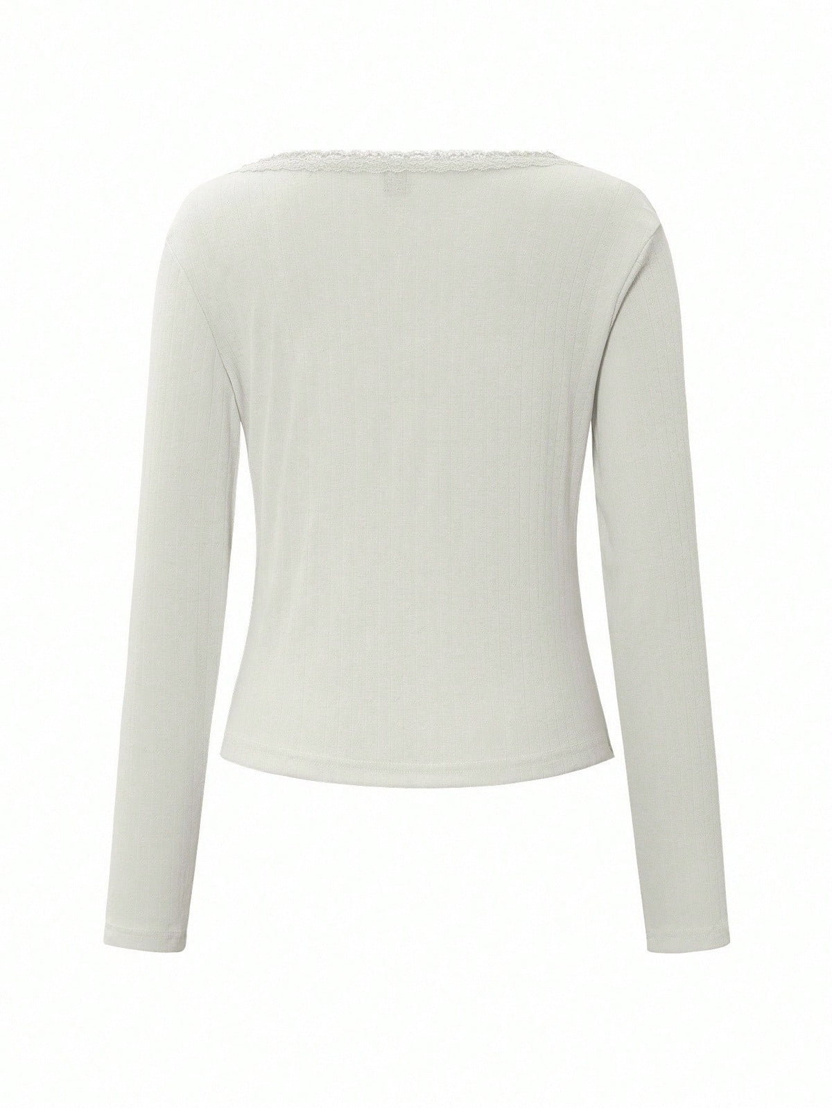 Women's Elegant White Ribbed Long Sleeve Henley Top,Cute Lace Trim Scoop Neck Fitted Tee,Everyday Casual Button-Down Summer Blouse,Soft Top