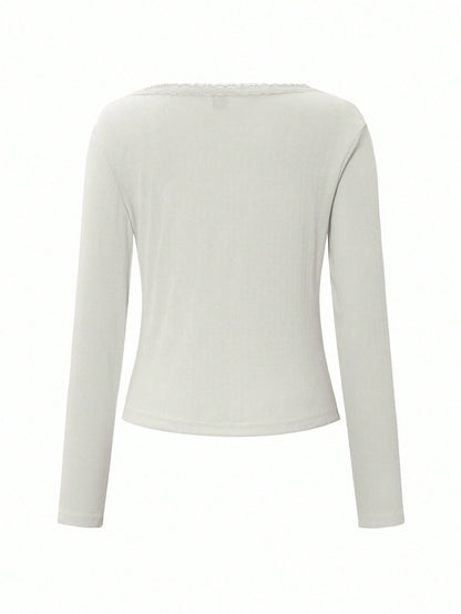 Women's Elegant White Ribbed Long Sleeve Henley Top,Cute Lace Trim Scoop Neck Fitted Tee,Everyday Casual Button-Down Summer Blouse,Soft Top