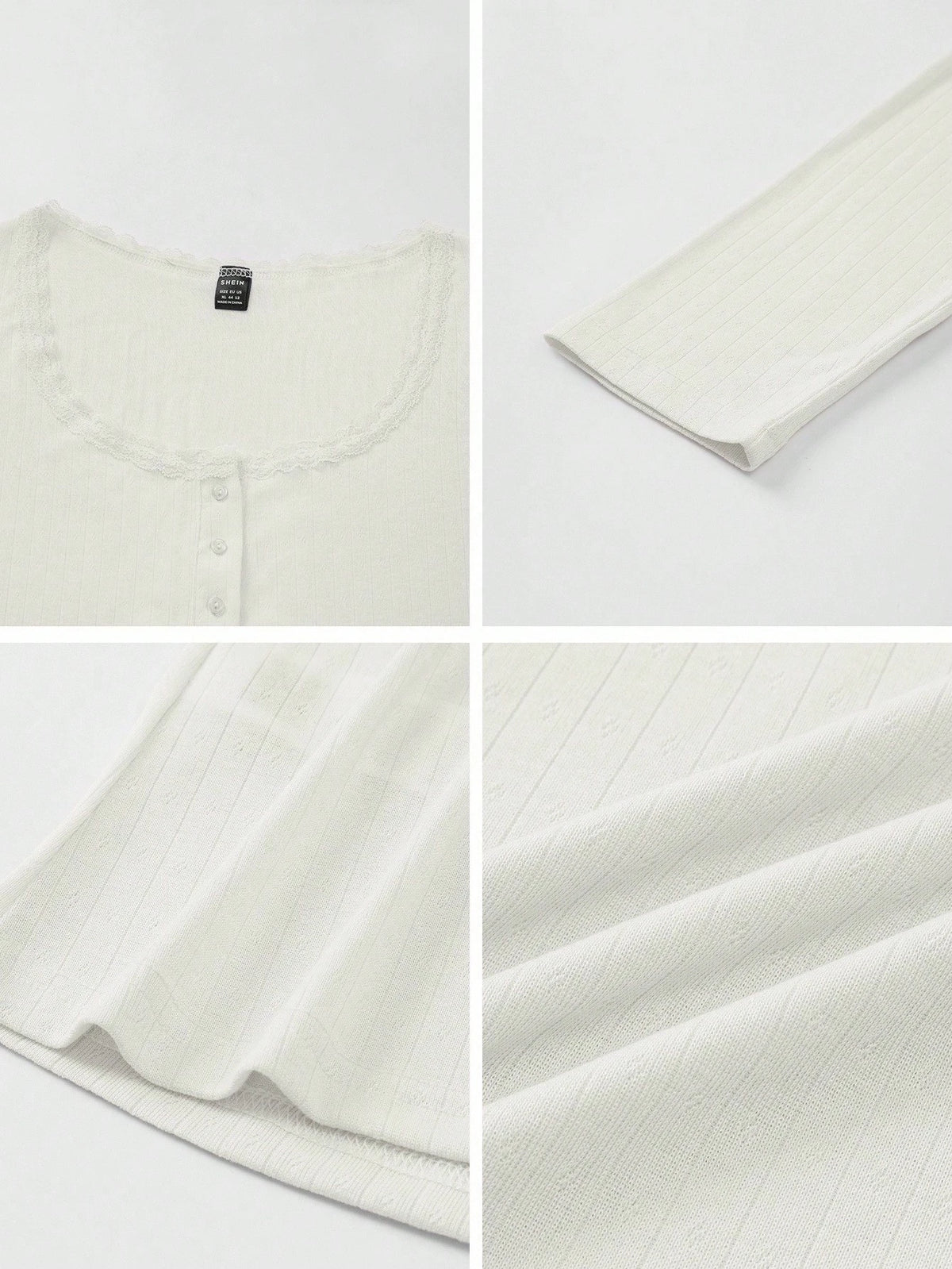 Women's Elegant White Ribbed Long Sleeve Henley Top,Cute Lace Trim Scoop Neck Fitted Tee,Everyday Casual Button-Down Summer Blouse,Soft Top
