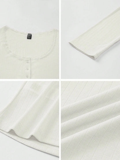 Women's Elegant White Ribbed Long Sleeve Henley Top,Cute Lace Trim Scoop Neck Fitted Tee,Everyday Casual Button-Down Summer Blouse,Soft Top