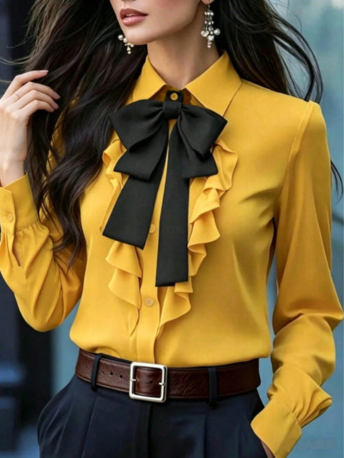 Women's Fashionable Elegant Long Sleeve Blouse, Black Tie Collar With Ruffle And Bow Details, Regular Fit Top, Suitable For Work And Everyday Wear In Spring, Autumn And Winter