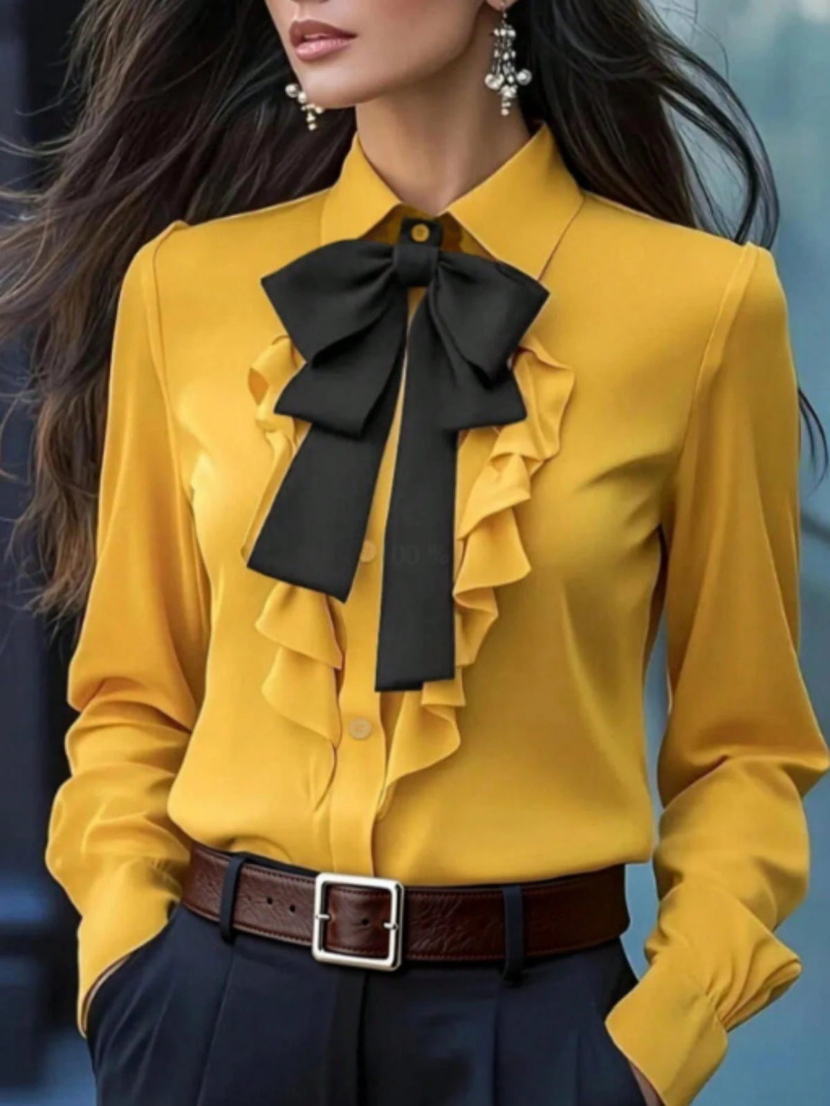 Women's Fashionable Elegant Long Sleeve Blouse, Black Tie Collar With Ruffle And Bow Details, Regular Fit Top, Suitable For Work And Everyday Wear In Spring, Autumn And Winter