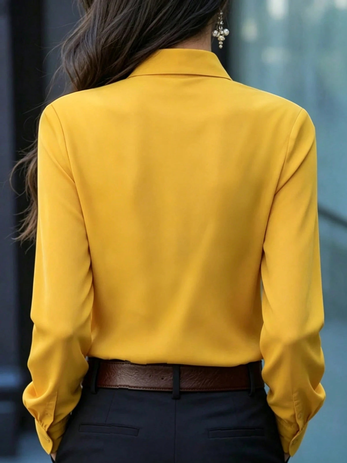 Women's Fashionable Elegant Long Sleeve Blouse, Black Tie Collar With Ruffle And Bow Details, Regular Fit Top, Suitable For Work And Everyday Wear In Spring, Autumn And Winter