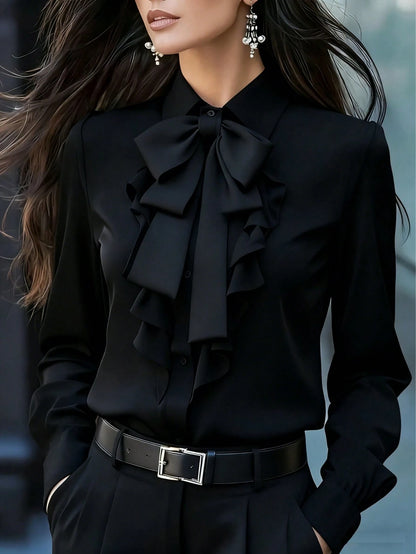 Women's Fashionable Elegant Long Sleeve Blouse, Black Tie Collar With Ruffle And Bow Details, Regular Fit Top, Suitable For Work And Everyday Wear In Spring, Autumn And Winter