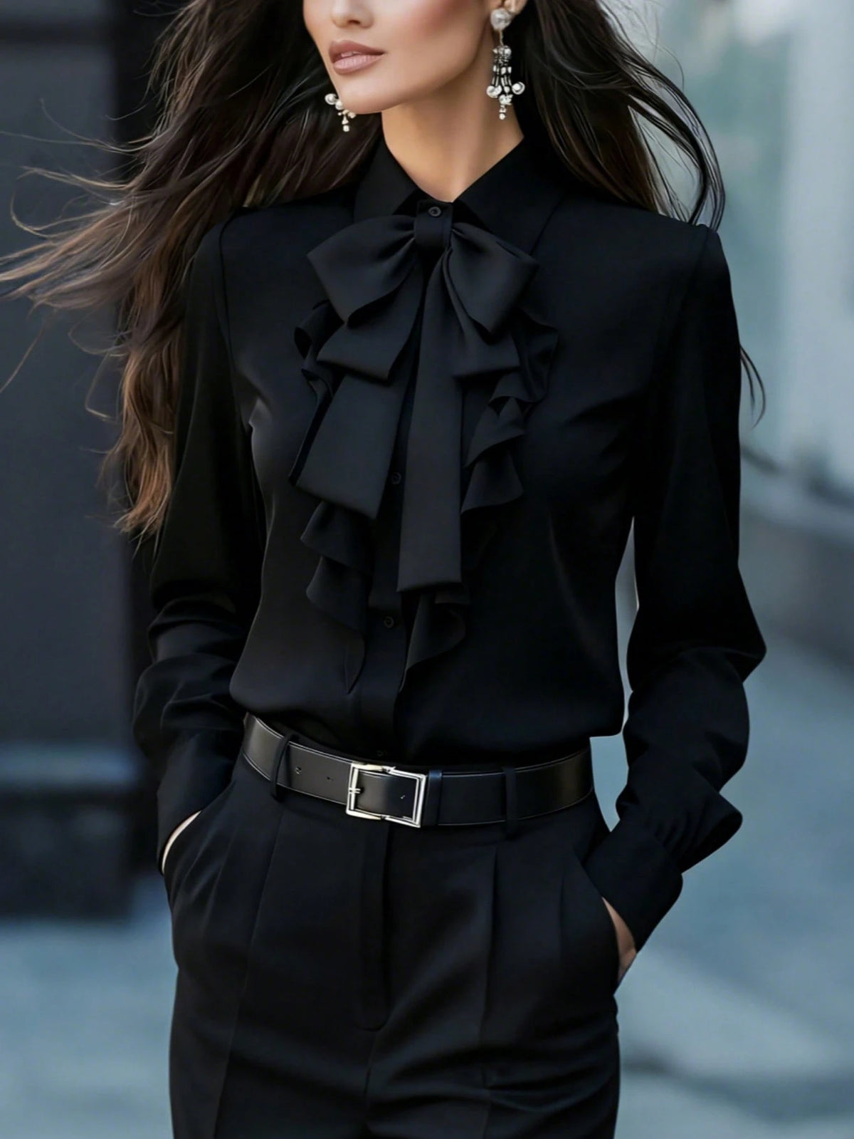 Women's Fashionable Elegant Long Sleeve Blouse, Black Tie Collar With Ruffle And Bow Details, Regular Fit Top, Suitable For Work And Everyday Wear In Spring, Autumn And Winter