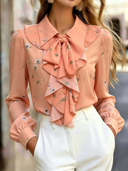 Women's Floral Sheer Long Sleeve Blouse, Bow Front Button Chiffon Top, Elegant For Office, Home, Vacation, Daily Wear, All Seasons