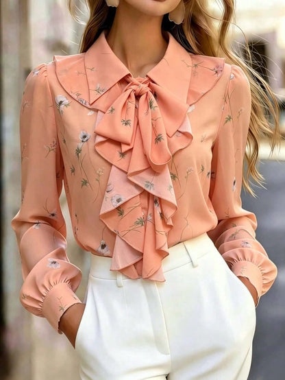 Women's Floral Sheer Long Sleeve Blouse, Bow Front Button Chiffon Top, Elegant For Office, Home, Vacation, Daily Wear, All Seasons