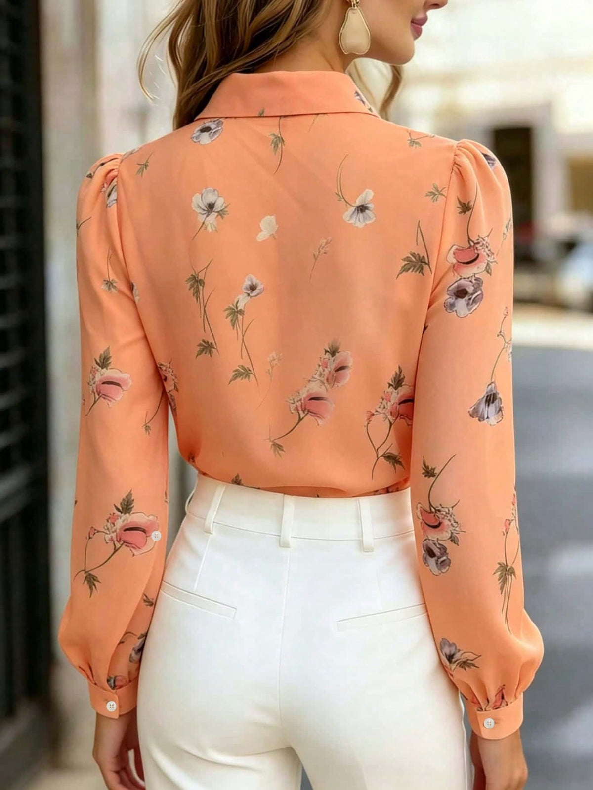 Women's Floral Sheer Long Sleeve Blouse, Bow Front Button Chiffon Top, Elegant For Office, Home, Vacation, Daily Wear, All Seasons
