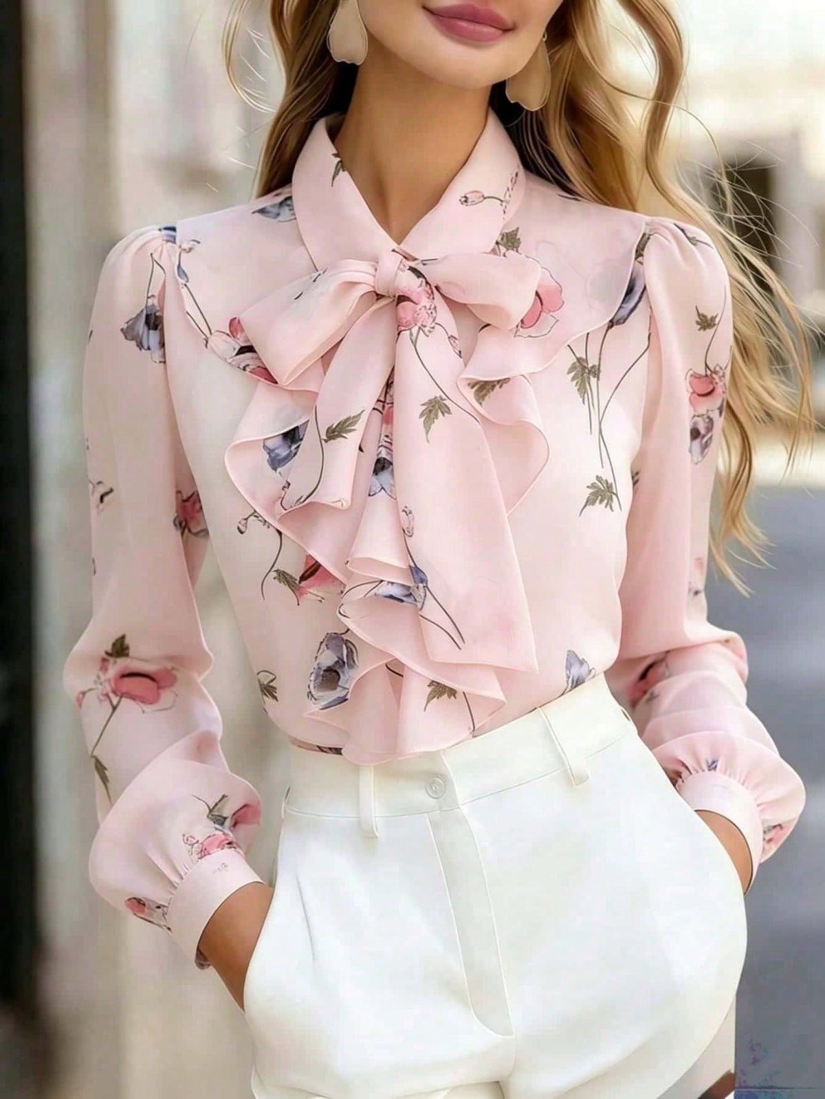 Women's Floral Sheer Long Sleeve Blouse, Bow Front Button Chiffon Top, Elegant For Office, Home, Vacation, Daily Wear, All Seasons