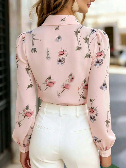 Women's Floral Sheer Long Sleeve Blouse, Bow Front Button Chiffon Top, Elegant For Office, Home, Vacation, Daily Wear, All Seasons