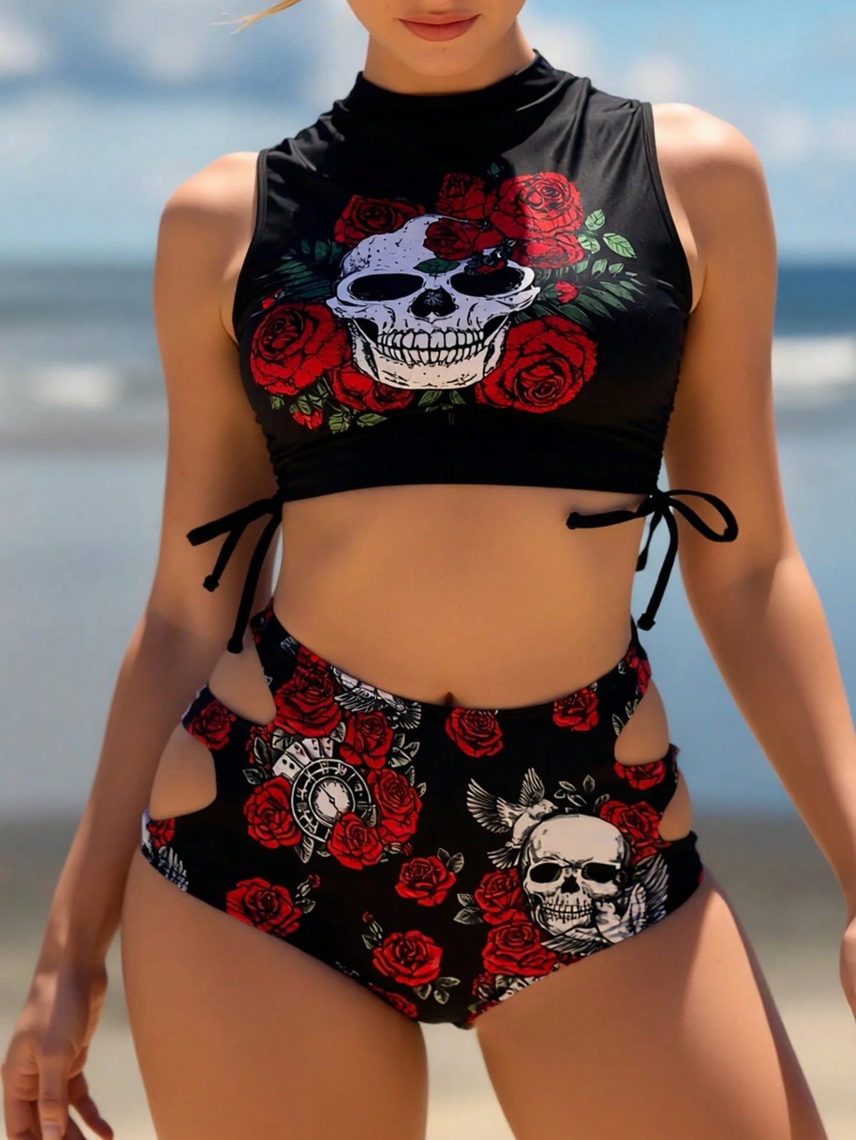 Women's Gothic Skull And Rose Print Two-Piece Swimsuit Set, High-Neck Short Bikini Set, High-Waisted Cutout Swimsuit