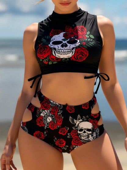 Women's Gothic Skull And Rose Print Two-Piece Swimsuit Set, High-Neck Short Bikini Set, High-Waisted Cutout Swimsuit
