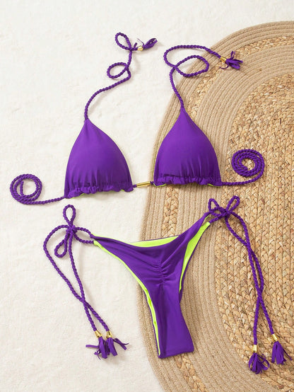 Women's Halter Tie Sexy Backless High-End Bikini 2025 New Braided Separate Swimsuit Set Vacation Beach Summer
