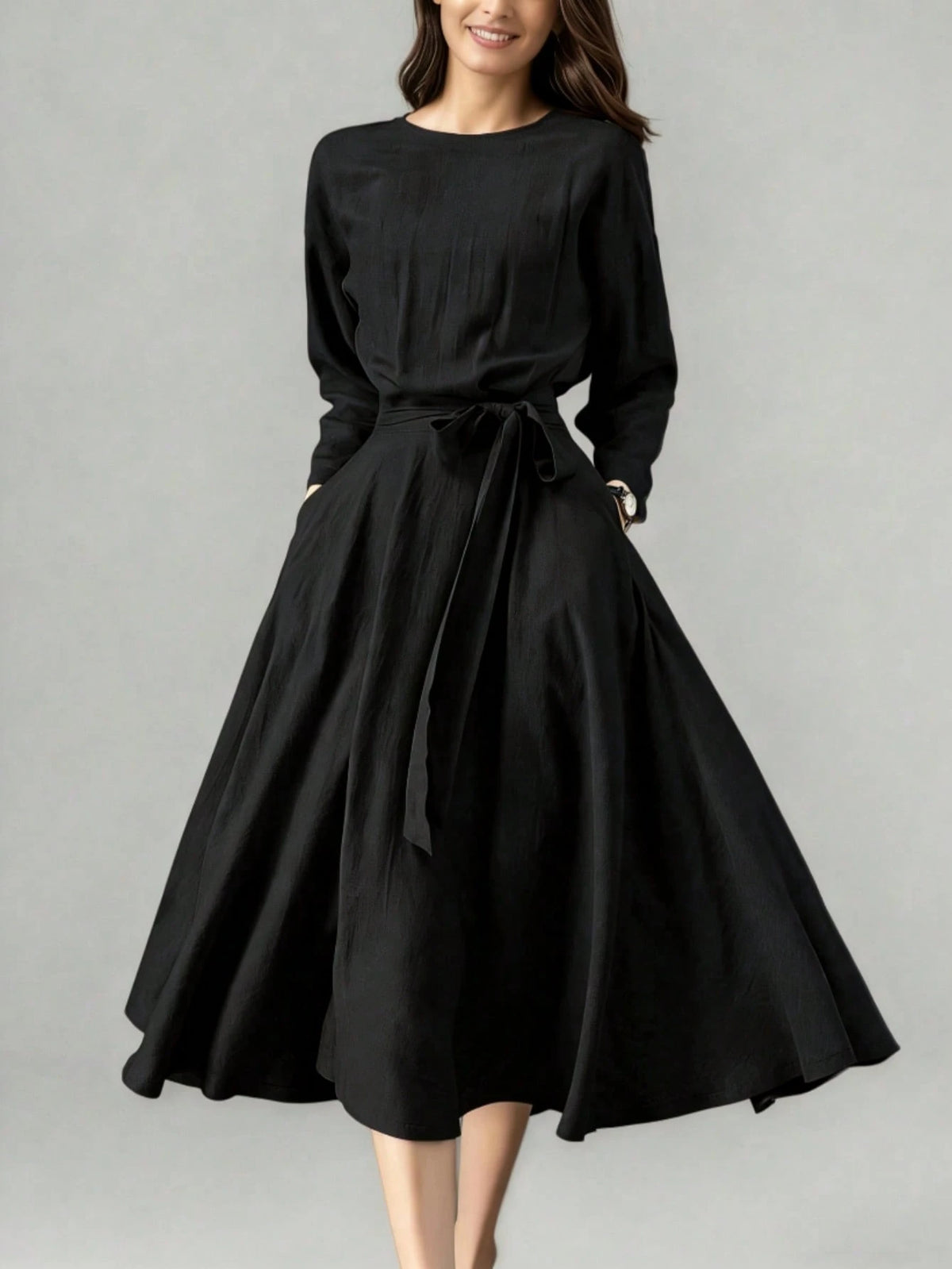Women's Long Solid Color Casual Dress With Pockets And Tie Waist, Suitable For Wedding Elegant Spring