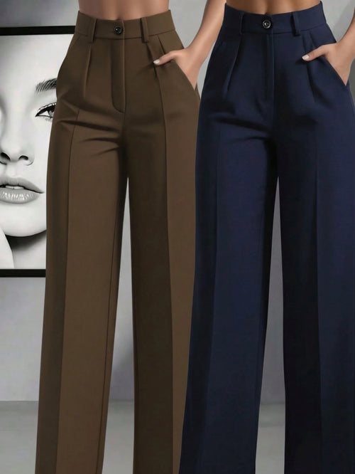 Women's Minimalist 2-Pieces Set: High-Waisted Wide-Leg Pants, Classic Navy Blue And Coffee Color, Front Pleated Waistband, Modern Low-Key Luxury Office & Casual Pants Set, Effortlessly Elegant Profess