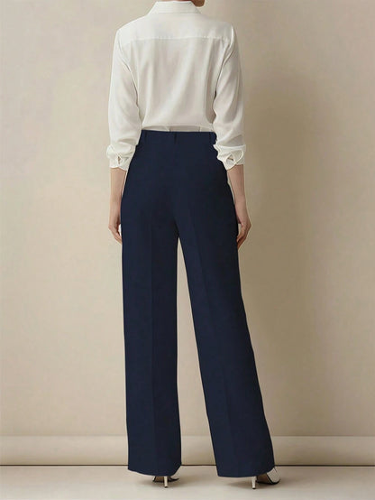 Women's Minimalist 2-Pieces Set: High-Waisted Wide-Leg Pants, Classic Navy Blue And Coffee Color, Front Pleated Waistband, Modern Low-Key Luxury Office & Casual Pants Set, Effortlessly Elegant Profess