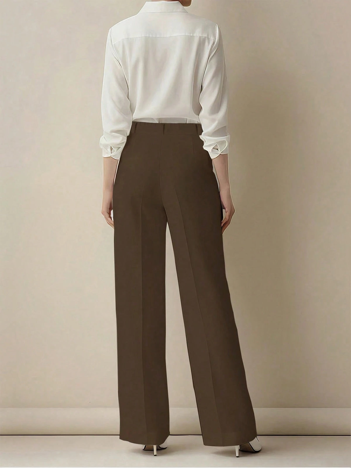 Women's Minimalist 2-Pieces Set: High-Waisted Wide-Leg Pants, Classic Navy Blue And Coffee Color, Front Pleated Waistband, Modern Low-Key Luxury Office & Casual Pants Set, Effortlessly Elegant Profess