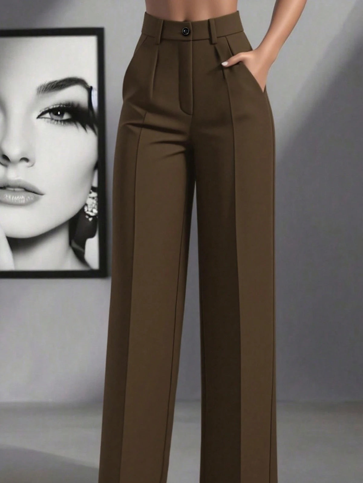 Women's Minimalist 2-Pieces Set: High-Waisted Wide-Leg Pants, Classic Navy Blue And Coffee Color, Front Pleated Waistband, Modern Low-Key Luxury Office & Casual Pants Set, Effortlessly Elegant Profess