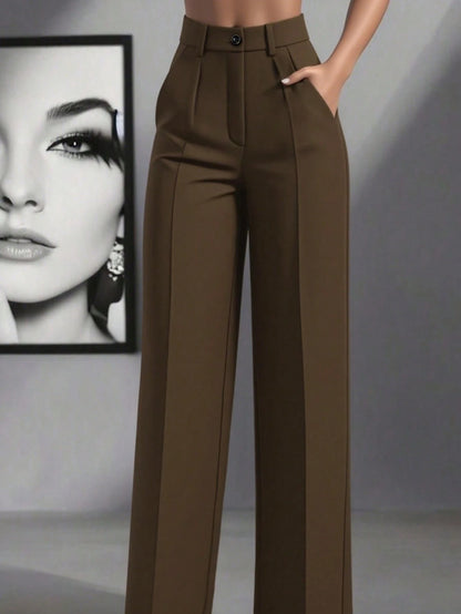 Women's Minimalist 2-Pieces Set: High-Waisted Wide-Leg Pants, Classic Navy Blue And Coffee Color, Front Pleated Waistband, Modern Low-Key Luxury Office & Casual Pants Set, Effortlessly Elegant Profess