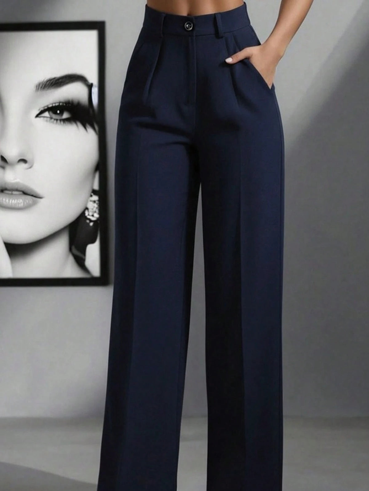 Women's Minimalist 2-Pieces Set: High-Waisted Wide-Leg Pants, Classic Navy Blue And Coffee Color, Front Pleated Waistband, Modern Low-Key Luxury Office & Casual Pants Set, Effortlessly Elegant Profess