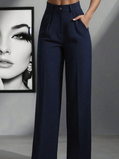 Women's Minimalist 2-Pieces Set: High-Waisted Wide-Leg Pants, Classic Navy Blue And Coffee Color, Front Pleated Waistband, Modern Low-Key Luxury Office & Casual Pants Set, Effortlessly Elegant Profess