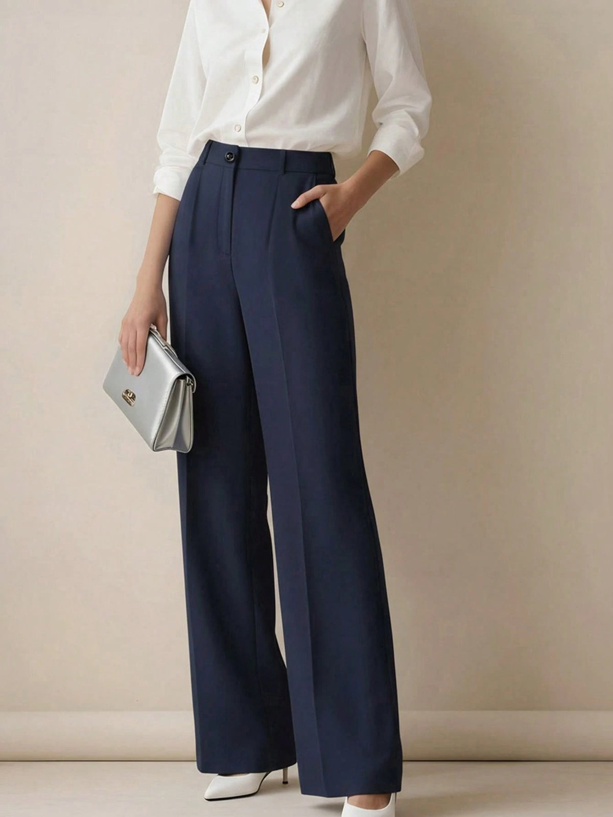 Women's Minimalist 2-Pieces Set: High-Waisted Wide-Leg Pants, Classic Navy Blue And Coffee Color, Front Pleated Waistband, Modern Low-Key Luxury Office & Casual Pants Set, Effortlessly Elegant Profess
