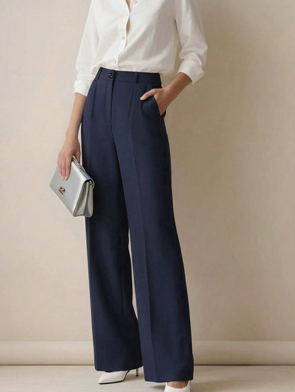 Women's Minimalist 2-Pieces Set: High-Waisted Wide-Leg Pants, Classic Navy Blue And Coffee Color, Front Pleated Waistband, Modern Low-Key Luxury Office & Casual Pants Set, Effortlessly Elegant Profess