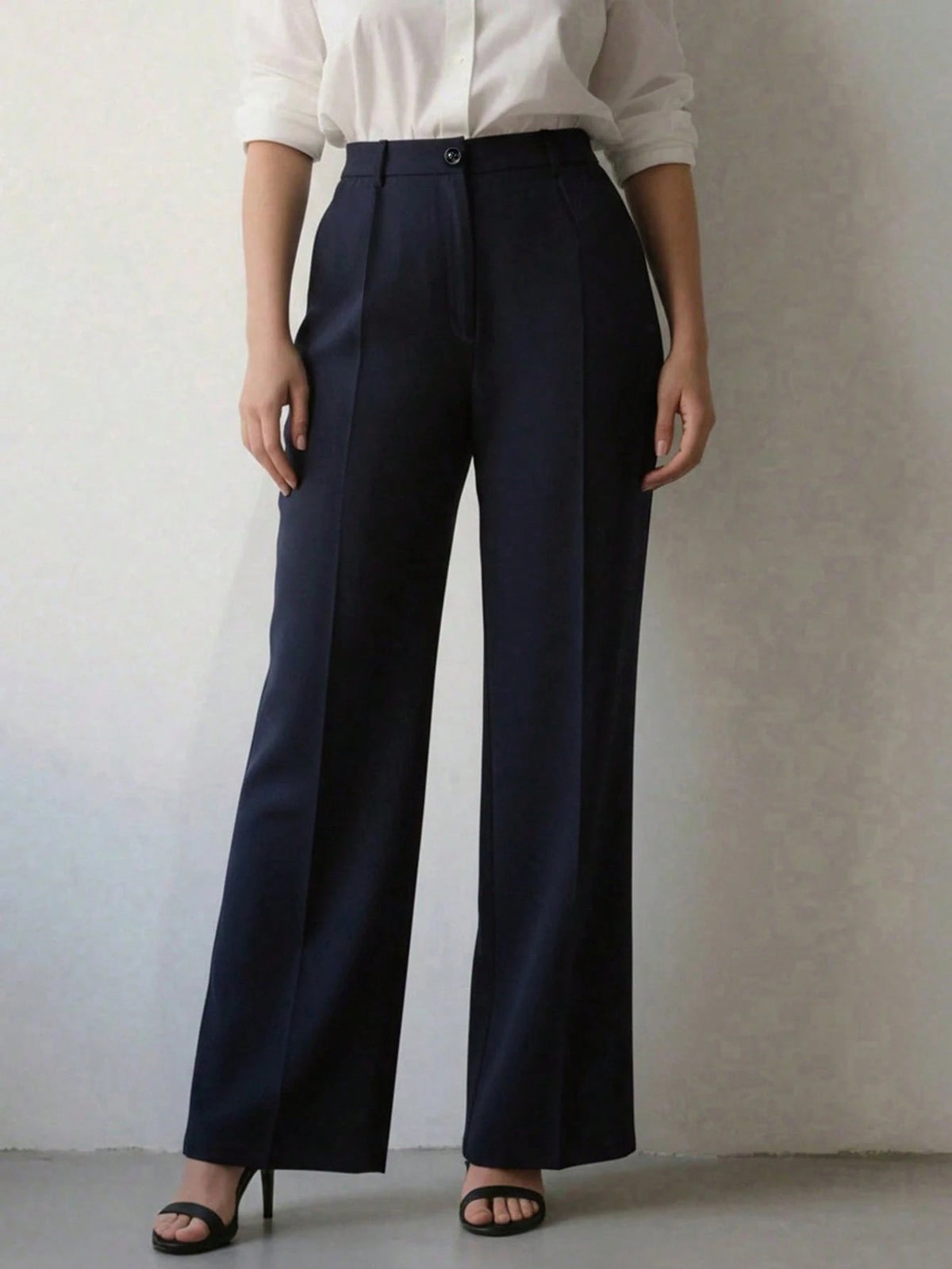 Women's Minimalist 2-Pieces Set: High-Waisted Wide-Leg Pants, Classic Navy Blue And Coffee Color, Front Pleated Waistband, Modern Low-Key Luxury Office & Casual Pants Set, Effortlessly Elegant Profess