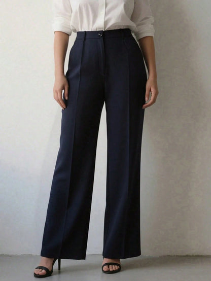 Women's Minimalist 2-Pieces Set: High-Waisted Wide-Leg Pants, Classic Navy Blue And Coffee Color, Front Pleated Waistband, Modern Low-Key Luxury Office & Casual Pants Set, Effortlessly Elegant Profess