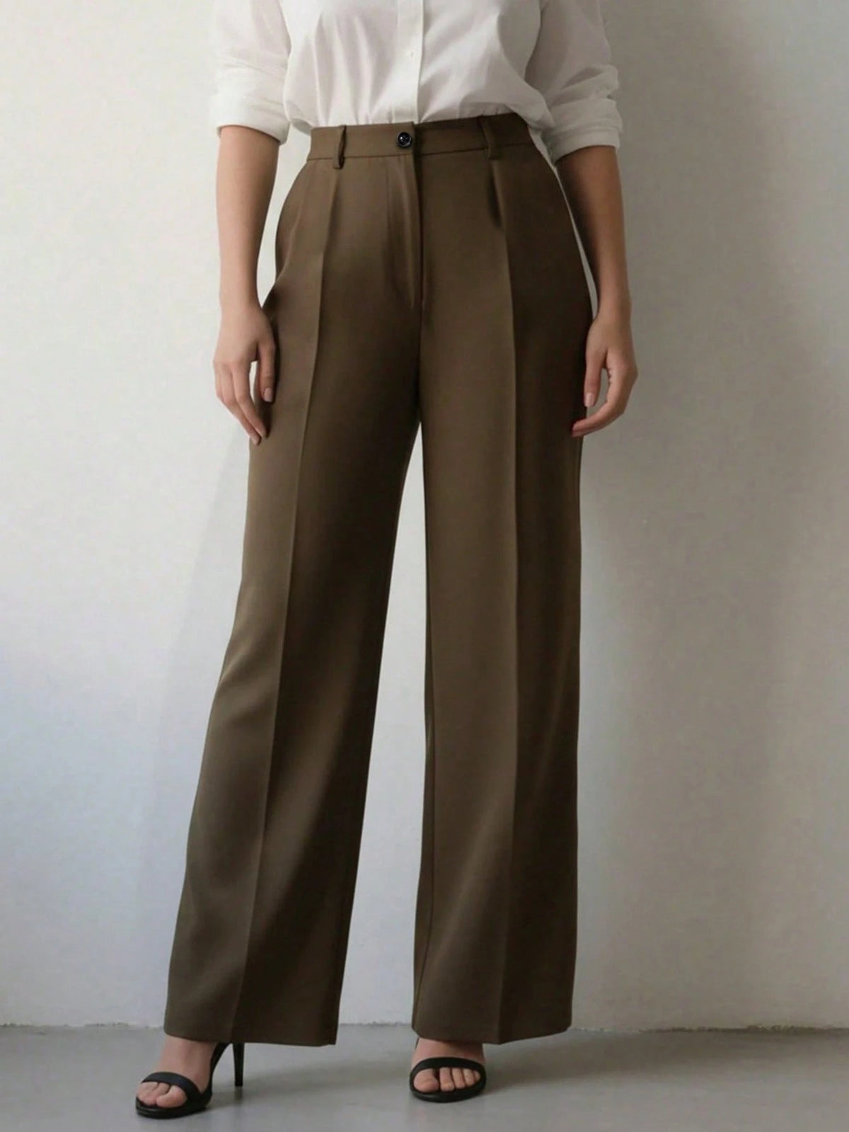 Women's Minimalist 2-Pieces Set: High-Waisted Wide-Leg Pants, Classic Navy Blue And Coffee Color, Front Pleated Waistband, Modern Low-Key Luxury Office & Casual Pants Set, Effortlessly Elegant Profess