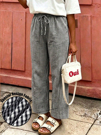 Women's Plaid Wide Leg Pants, Bow Waist Decor, Summer Bohemian Style Long Pants Black