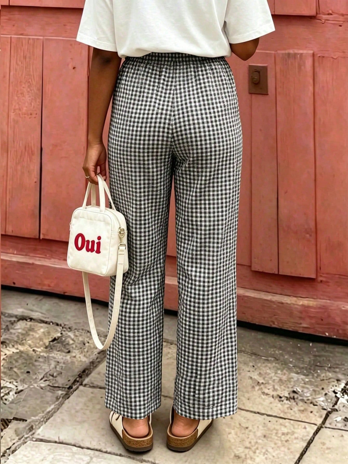 Women's Plaid Wide Leg Pants, Bow Waist Decor, Summer Bohemian Style Long Pants Black