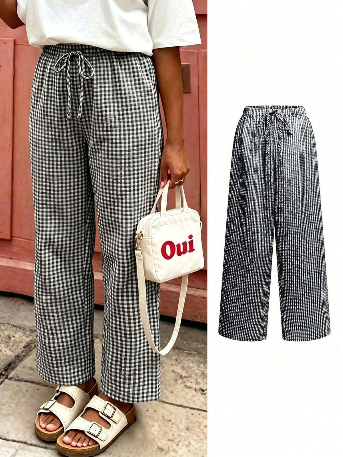 Women's Plaid Wide Leg Pants, Bow Waist Decor, Summer Bohemian Style Long Pants Black