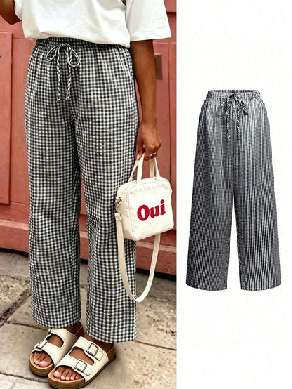 Women's Plaid Wide Leg Pants, Bow Waist Decor, Summer Bohemian Style Long Pants Black
