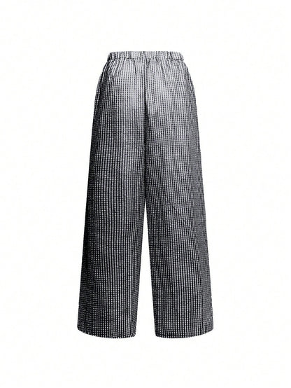 Women's Plaid Wide Leg Pants, Bow Waist Decor, Summer Bohemian Style Long Pants Black