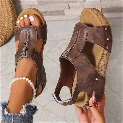 Women's Plus Size Wide Fit Wedge Mules, Extra Wide Width, Faux Leather Open Toe Slides, Studded Cutout, Non-Slip Heel For Summer Daily