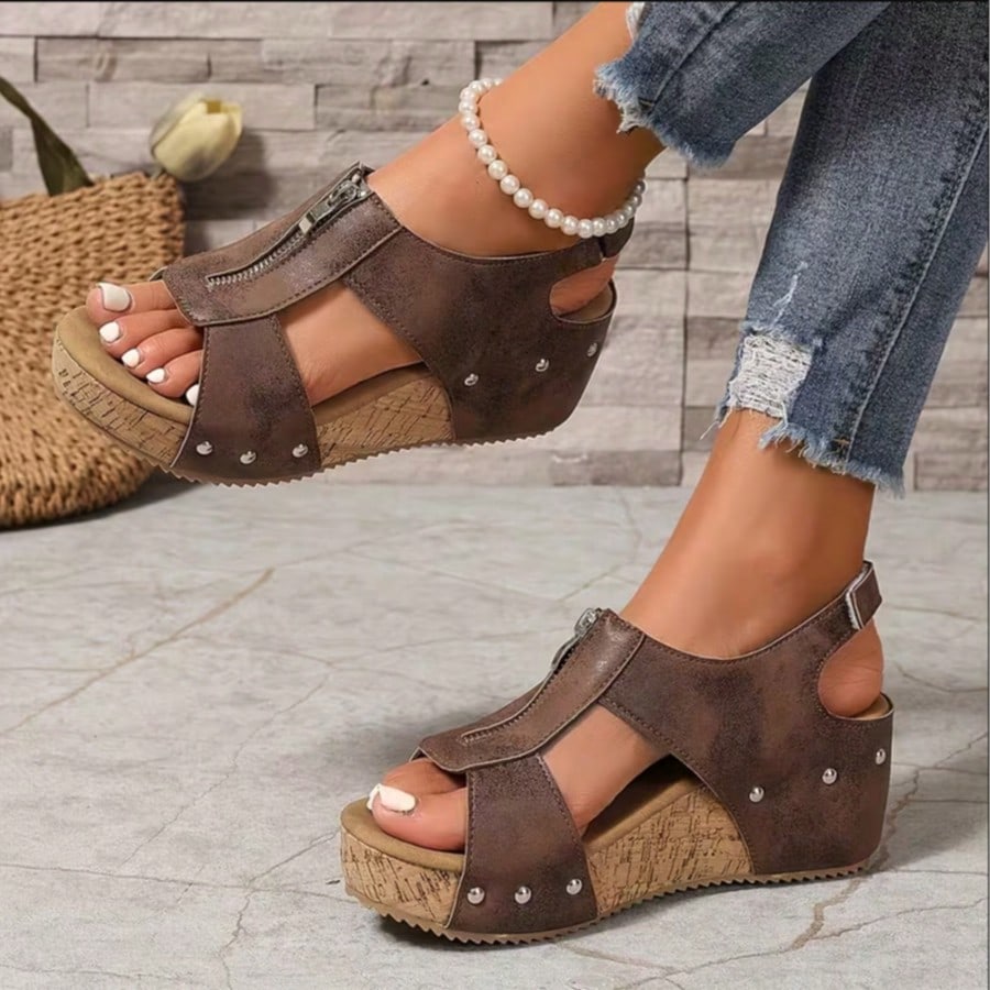 Women's Plus Size Wide Fit Wedge Mules, Extra Wide Width, Faux Leather Open Toe Slides, Studded Cutout, Non-Slip Heel For Summer Daily