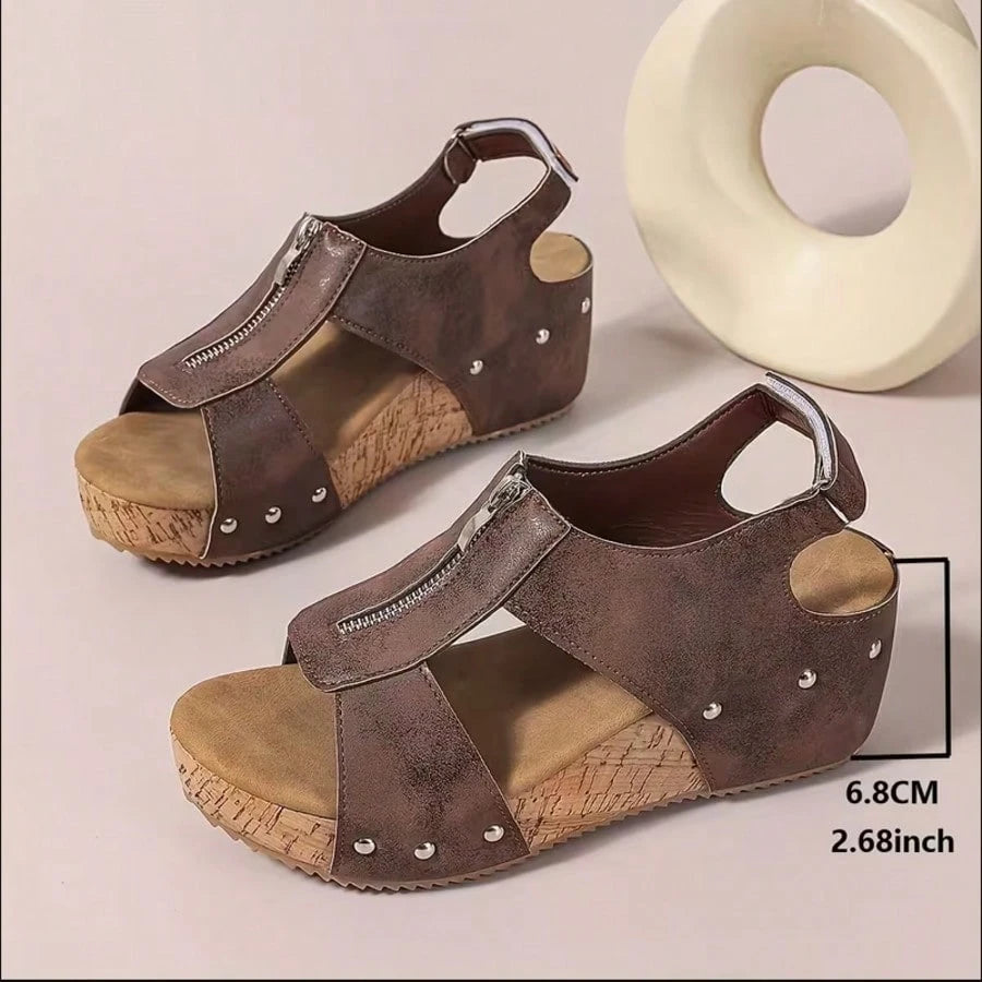Women's Plus Size Wide Fit Wedge Mules, Extra Wide Width, Faux Leather Open Toe Slides, Studded Cutout, Non-Slip Heel For Summer Daily