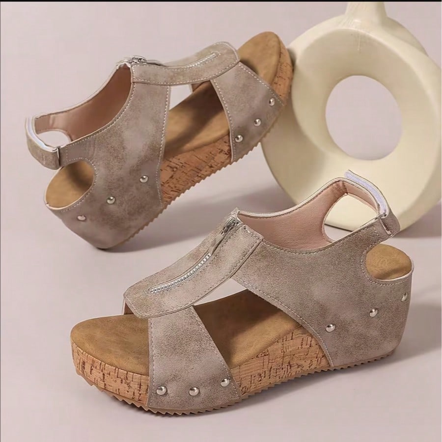 Women's Plus Size Wide Fit Wedge Mules, Extra Wide Width, Faux Leather Open Toe Slides, Studded Cutout, Non-Slip Heel For Summer Daily