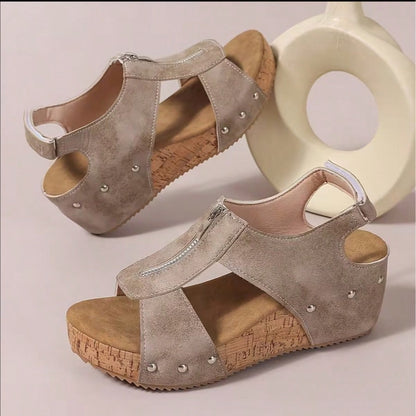 Women's Plus Size Wide Fit Wedge Mules, Extra Wide Width, Faux Leather Open Toe Slides, Studded Cutout, Non-Slip Heel For Summer Daily